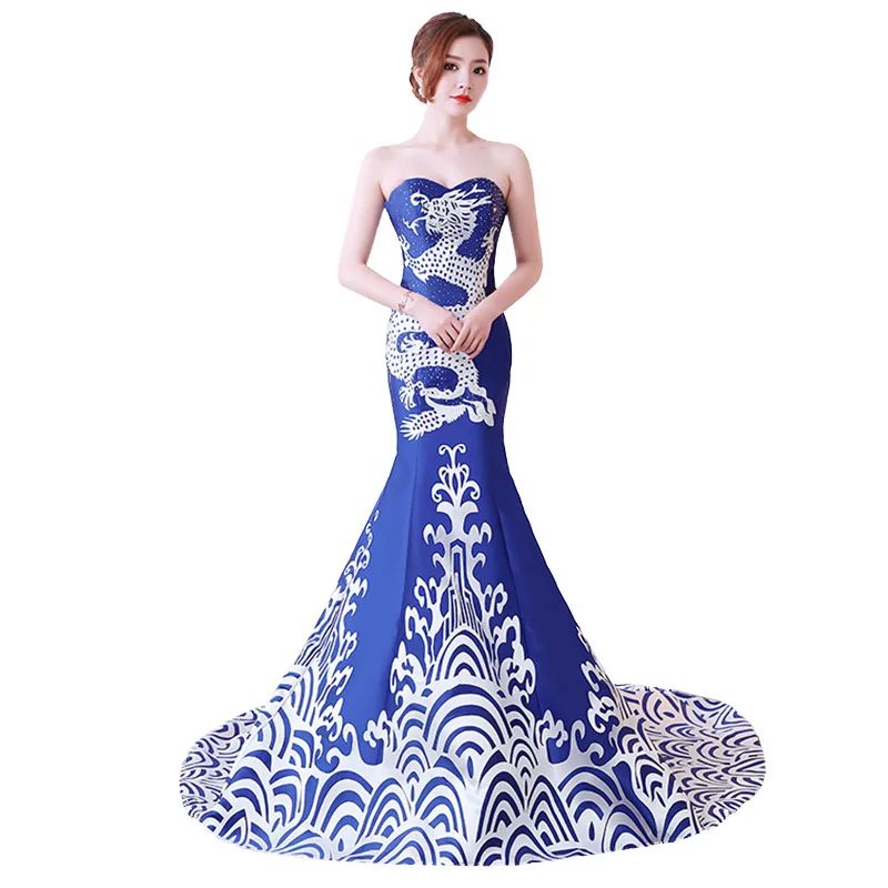 

Fashion Chinese Style Oriental Blue Evening Dress Dragon Pattern Qipao Sexy Long Mermaid Trailing Cheongsam Vestidos