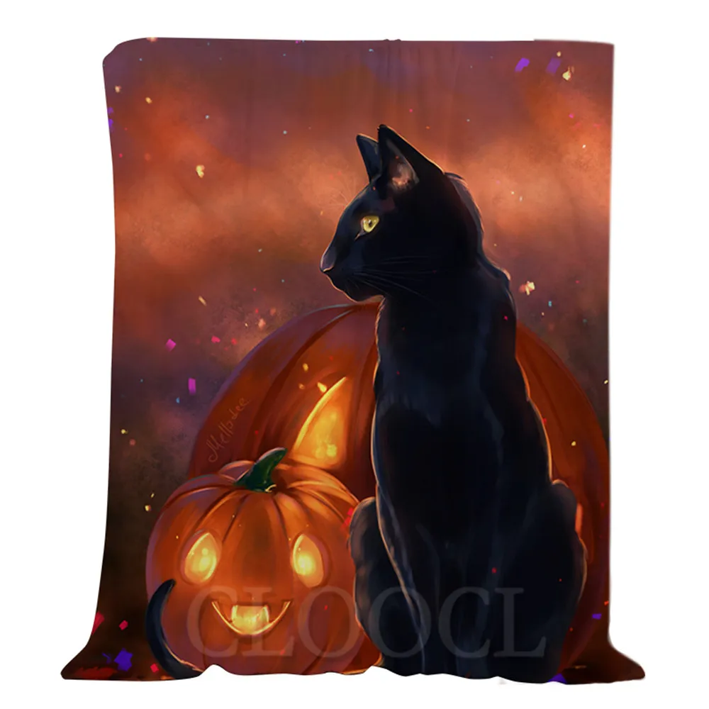 

HX Halloween Flannel Blankets Black Cat Pumpkins Halloween Blanket Keep Warm Double Layer Plush Quilts Gifts