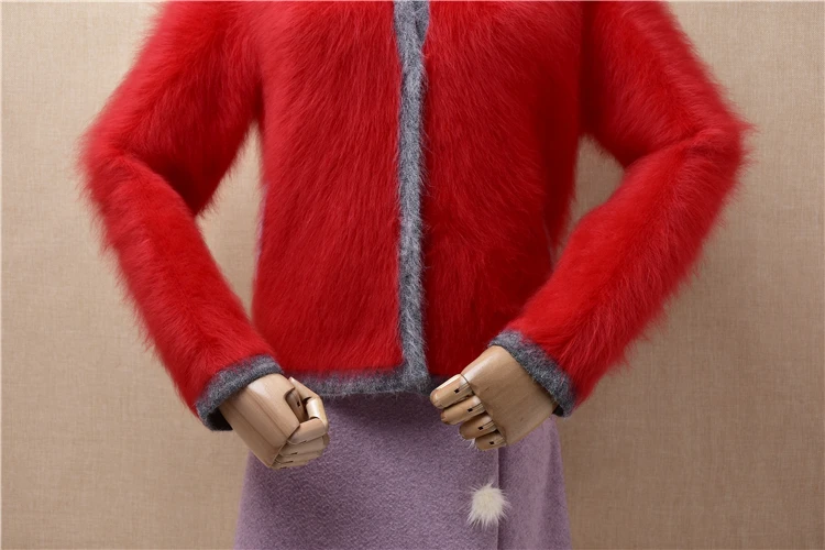 female women fashion christmas red hairy mink cashmere knitted short slim cropped cardigans angora fur jacket coat sweater pull