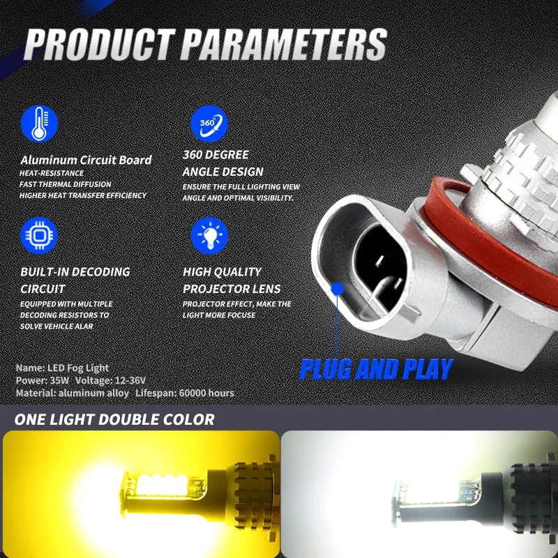 3000K + 6500K H1 H3 Led Bulbs H7 H8 H11 Led Light Dual Color Headlight Bulb 12V 10000LM 9005 9006 HB3 HB4 LED Fog Lamps