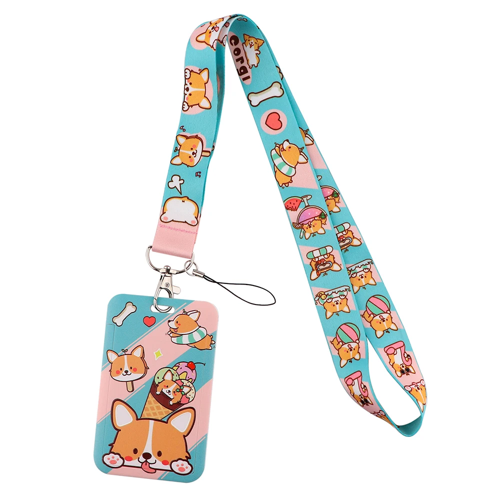 Cartone animato carino Corgi Shiba Inu cani cordini portachiavi porta Badge porta carte di credito corda per appendere cordino Lariat per chiavi