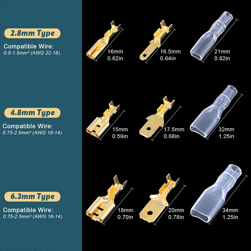 180/300/315 szt. 2,8 mm 4,8 mm 6,3 mm męskie i żeńskie złącze widełkowe i zestaw asortymentowy tulei izolacyjnej do głośnika samochodowego — zdjęcie 6