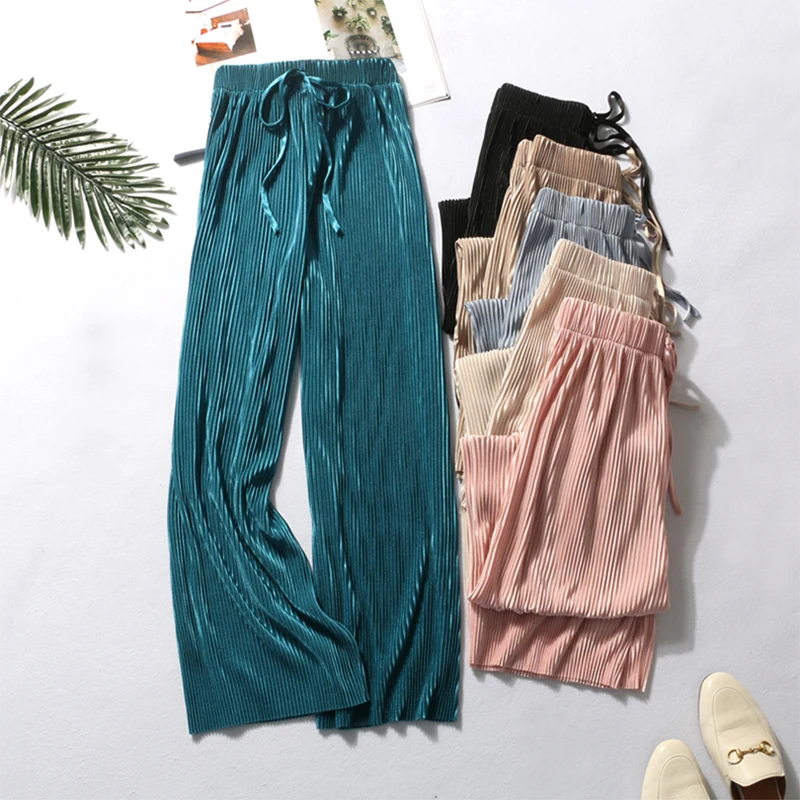 Summer Wide Leg Pants For Women Casual Elastic High Waist 2023 New Hipster Fashion Loose Long Pants Pleated Pant Trousers Femme