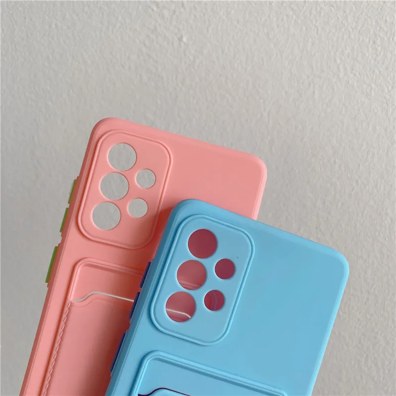 Cute Solid Colors Card Pocket Slot Bag Phone Cases For Samsung Galaxy S20 S21 S22 S20FE Plus Note 10 20 Ultra Silicone TPU Cover