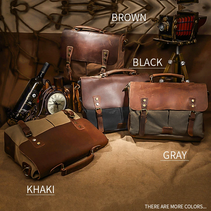 MARKROYAL Vintage  Crazy Horse Leather Canvas Messenger Bags Laptop Briefcase Crossbody Satchel Bag Dropshipping