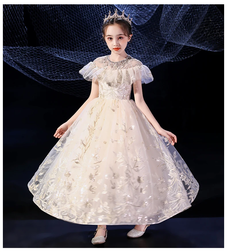 

New High-grade Sequin Girls Dresses For Christmas Champagne Lace Party Princess Wedding Dress Girls Communion Banquet Clothes