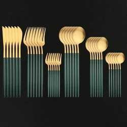 36Pcs Green Gold Cutlery Set Knife Cake Fork Tea Spoon Dinnerware Matte Flatware Stainless Steel Silverware Party Tableware Set