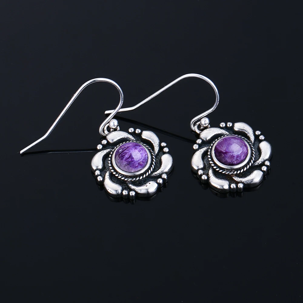 Fine Jewelry 925 Silver Earring for Women Natural Charoite Drop Earrings for Party Anniversary Gift Wholesale