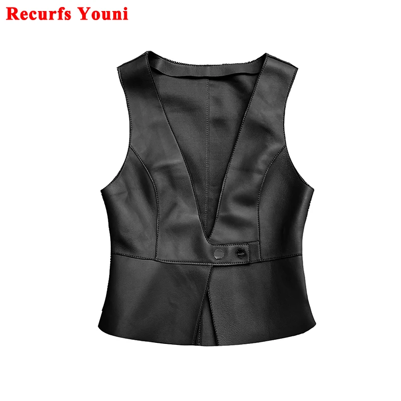 Chaleco Mujer 2024 Winter Women Genuine Leather Jacket Waistcoat Femme Elegant Deep V-neck Draw Back Short Slim Suit Gilet