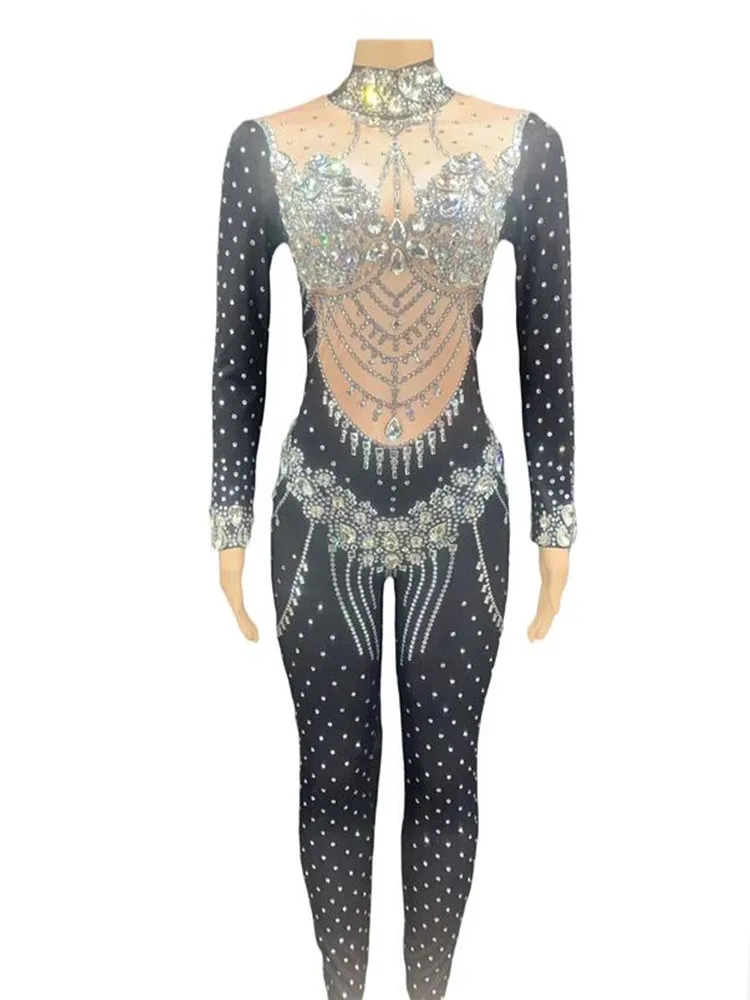 New Sparkly Silver Crystals Chains Jumpsuit Black Stones Fringes Female Singer Evening Birthday Party Stage Sexy Jumpsuit