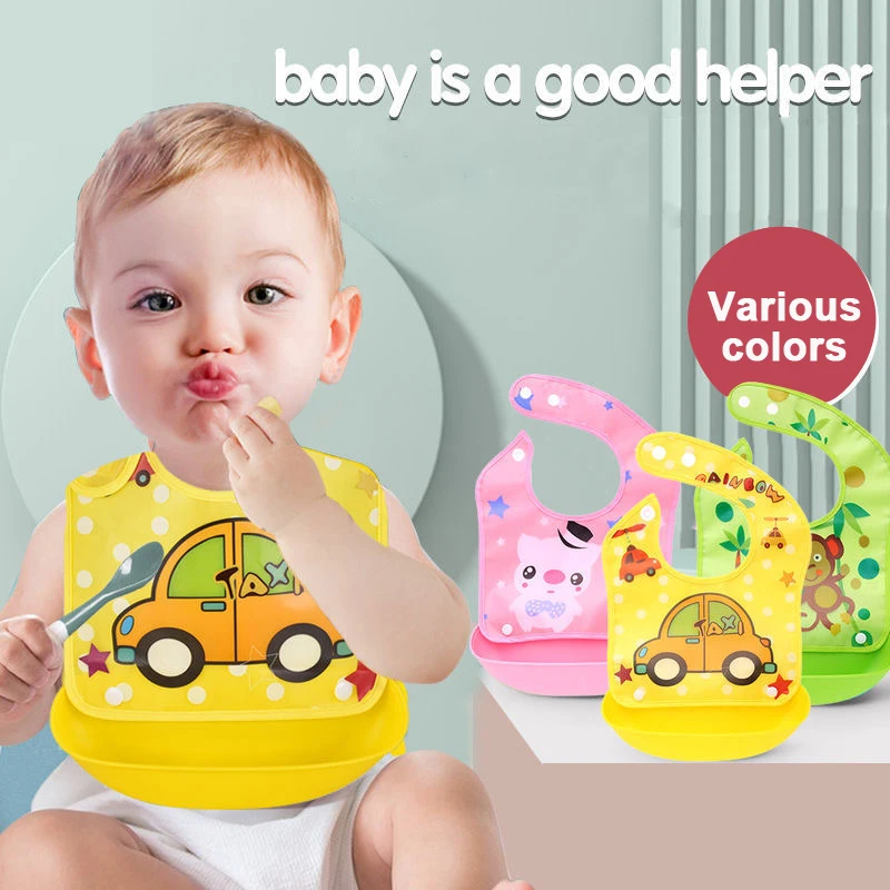Baby Bib Cartoon Print Baby Bibs Boys Girls Bib Waterproof Soft Silicone Kids Burp Cloth Children Bib Feeding Bib with Pocket