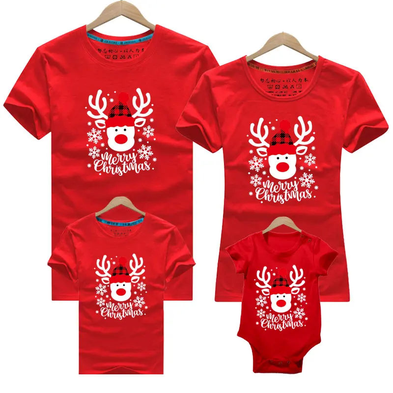 Family Christmas Matching Clothes Mother Daughter Short sleeve T-shirts Elf Santa Claus Reindeer Elk Print Tees Red Pajamas Top