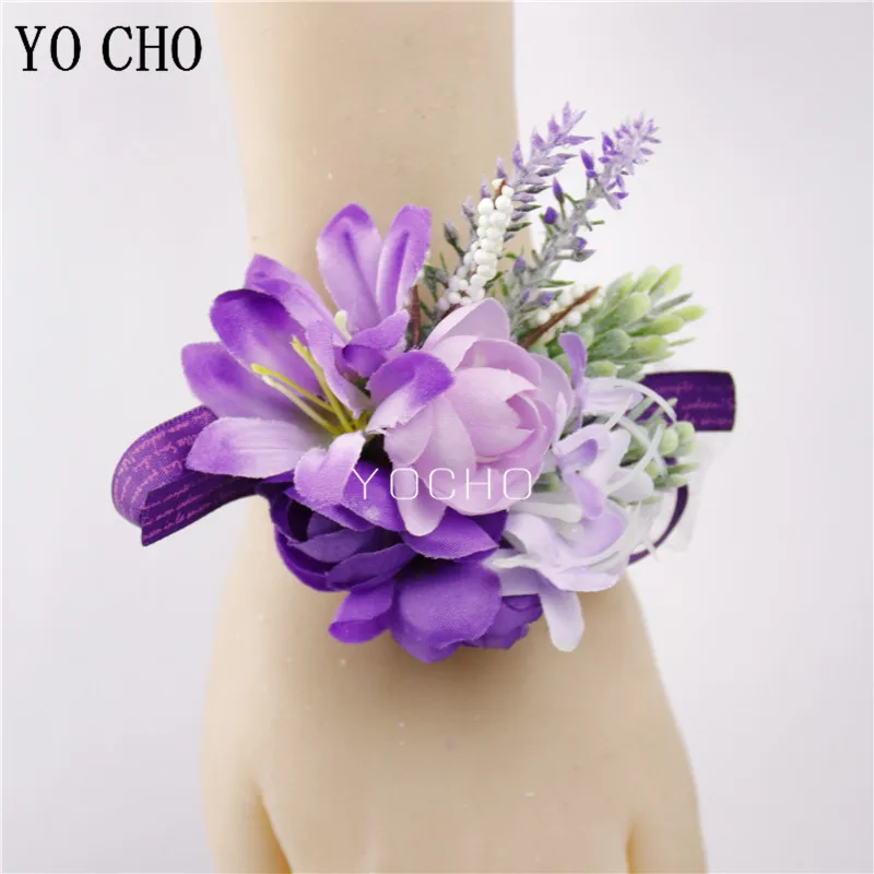 YO CHO-Corsages de boda para novio, broches de rosa de seda blanca y púrpura, ramillete de muñeca para damas de honor de boda, pulsera de flores