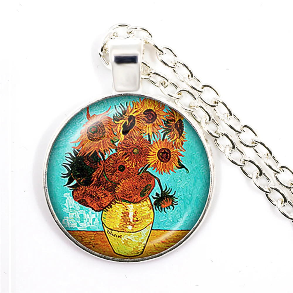 Retro Van Gogh Art Starry Night Sunflower Necklace 25mm Glass Cabochon Dome Silver-plated Pendant Necklace For Women Girls Gift