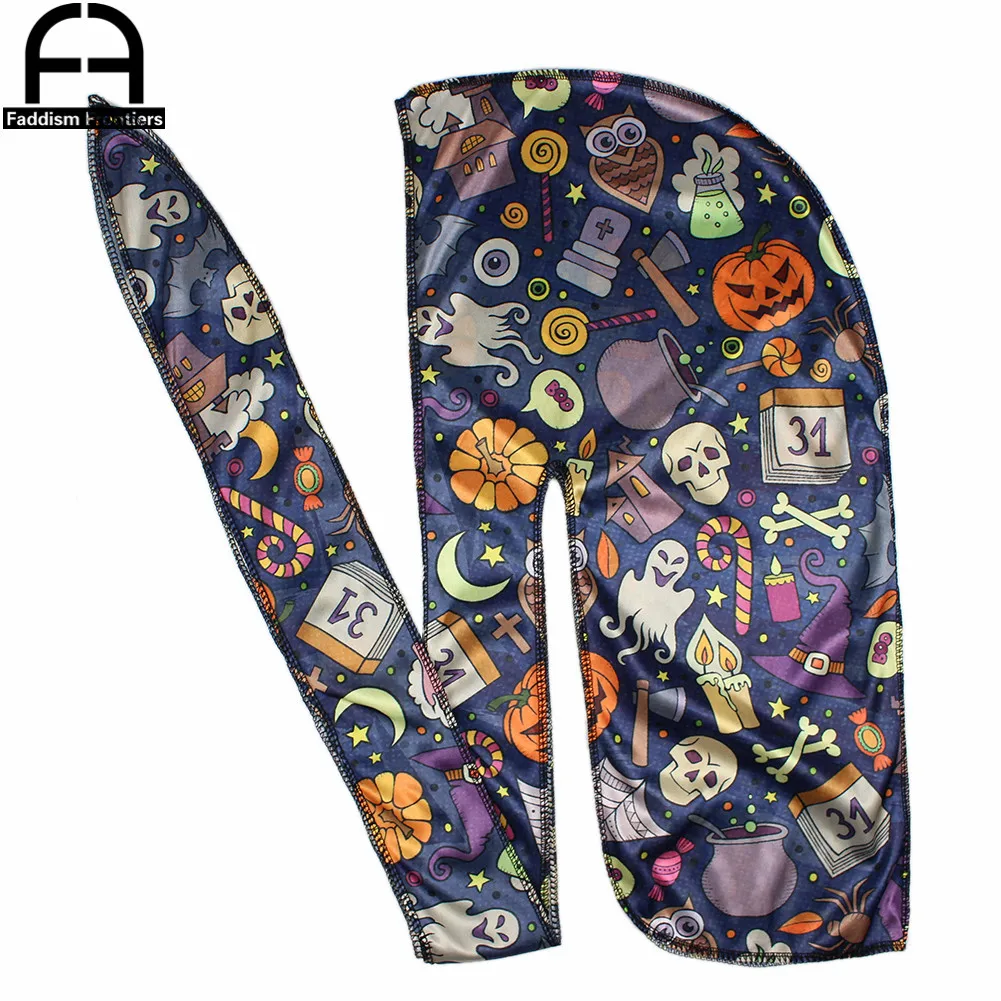 3 Colors Unisex Men Halloween Silk Durag Bandanas for Men Wave Cap Cartoon Print Silky Durags Headwear Durag