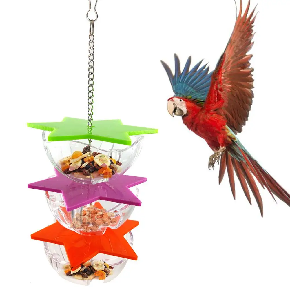 Bird Bite Toys Parrot Hanging Treat Foraging Toy Feeder Acrylic Hexagonal Star Multi-Layer Bird Food Box Birdcage Accessories