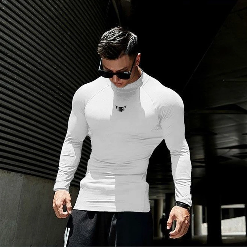 Compression Shirt Running Long Sleeve T-shirt Men Hight Collar Quick Dry Sportswear Elasticity Tight Bodybuilding Gym Clothing