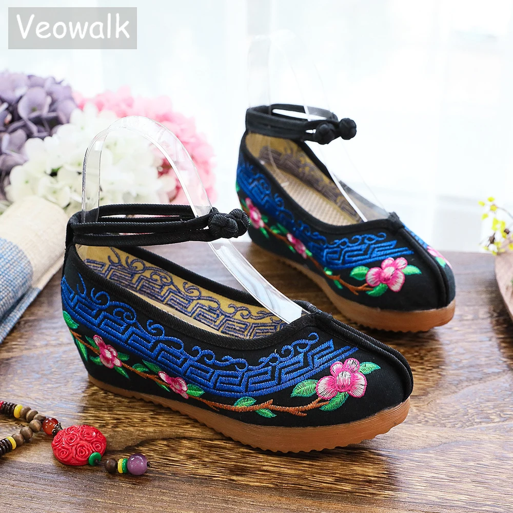 Veowalk Size 34-43 Woman Flower Embroidered Hidden Platform Old Beijing Shoes Ankle Strap Cotton Fabric Sneakers