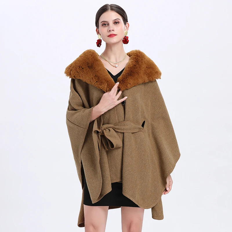 5 Farben Frauen Outstreet Poncho tragen Winter dicke Strickjacke großen Kaninchen Fell Turn-Down-Hals langen Umhang vorne Krawatte Gürtel losen Mantel