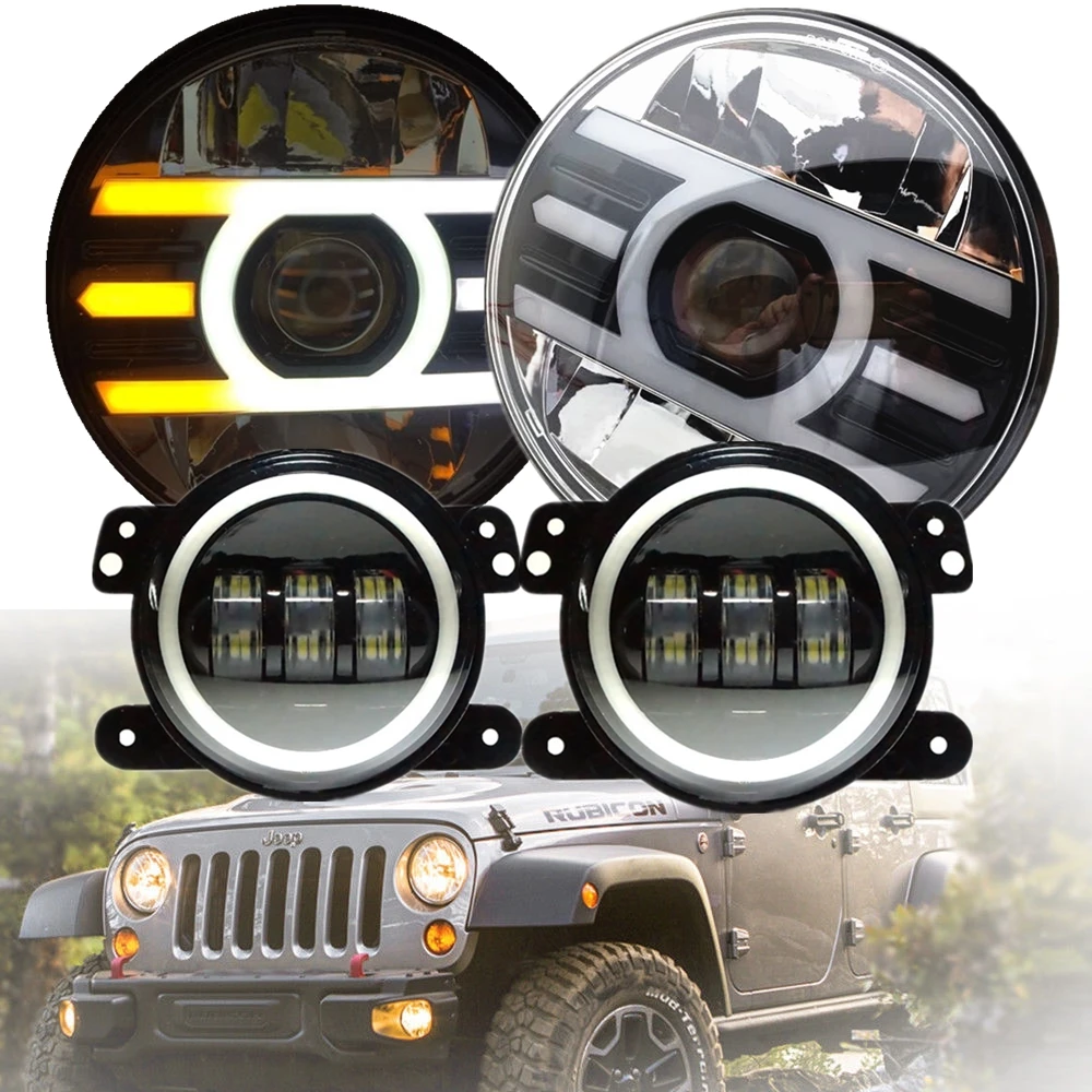 

7 Inch LED Halo Headlights with 4 '' Halo Fog Lights for Jeep Wrangler JK JKU TJ LJ Rubicon Sahara Unlimited White DRL/Amber