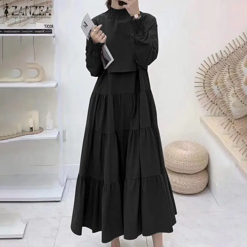 Women\'s Autumn High Collar Stitching Dress ZENZEA Elegant Maxi Robe Femme Casual Puff Sleeves Ruffle Vestidos Fashion Sundress