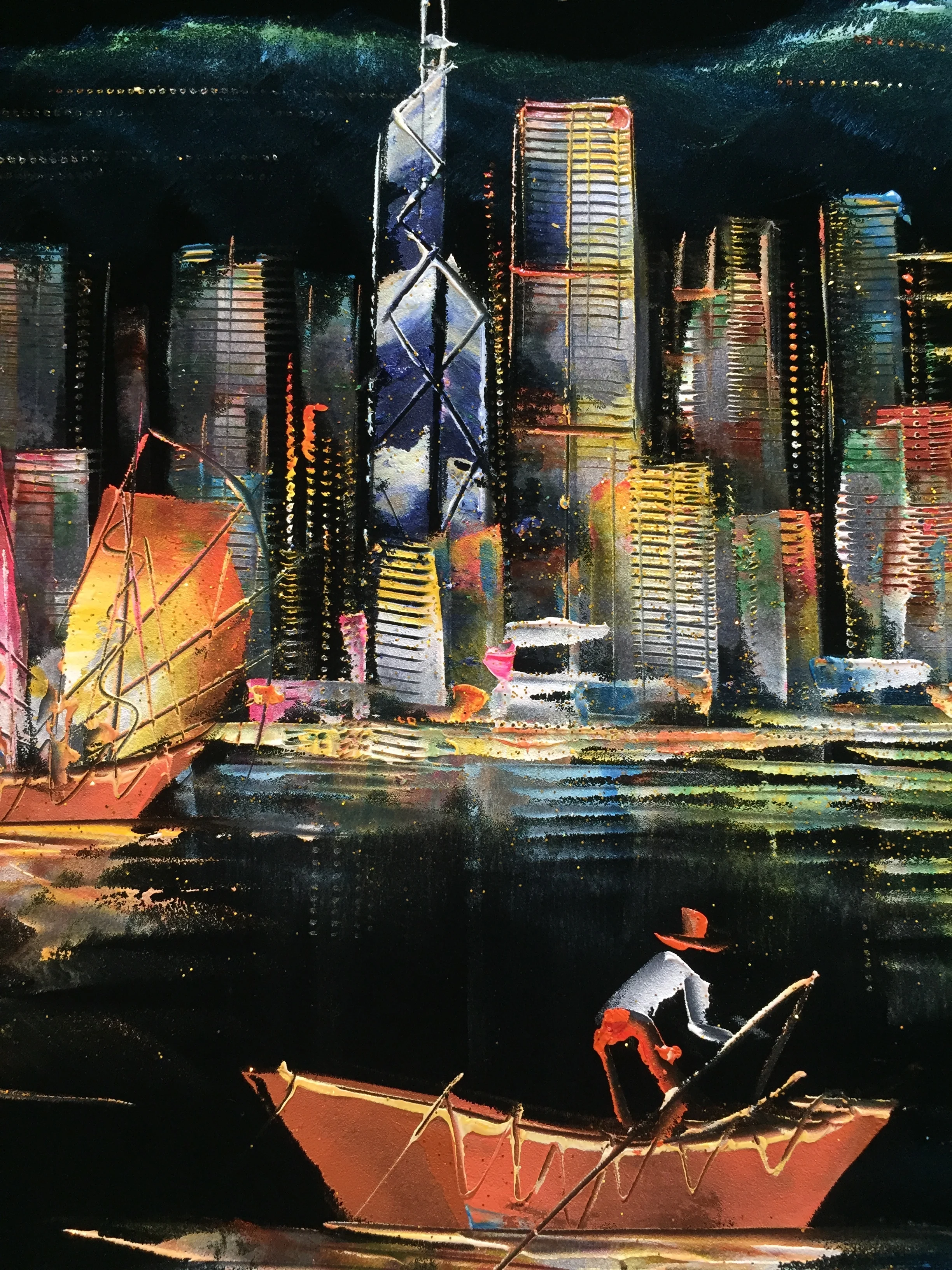 100%Hand Painted Oil Painting on Flannelette Abstract Hong Kong Victoria Harbour Canvas Painting Wall Art Picture for Home Decor