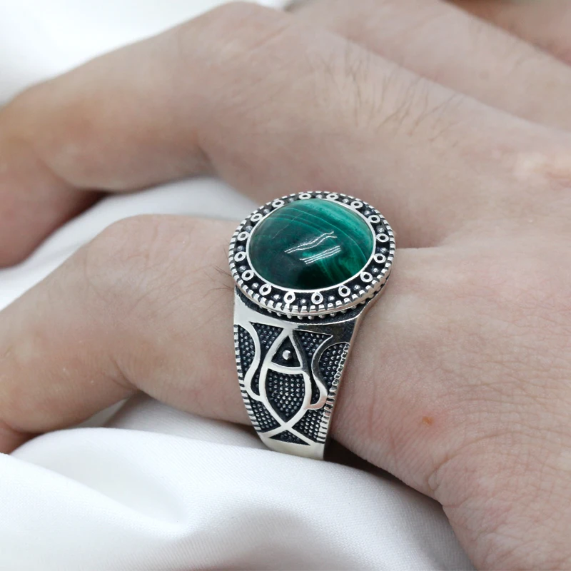 Natural stone pure 925 sterling silver antique Turkish ring, malachite men\'s agate color punk rock jewelry