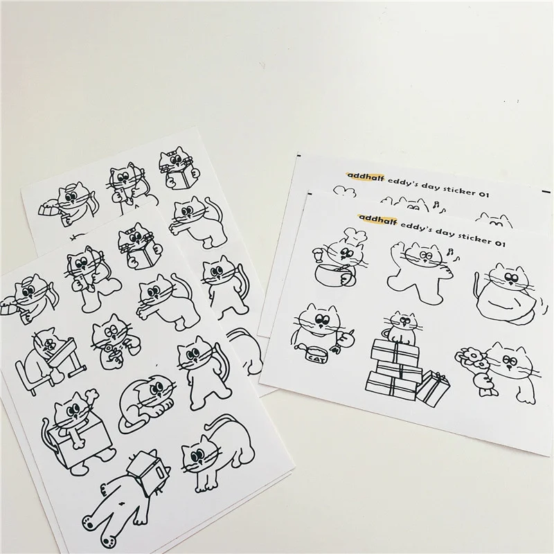 Pegatinas de dibujo de línea Simple de gato de dibujos animados, calcomanías bonitas Kawaii para bocetos, papelería para teléfono móvil, pegatina