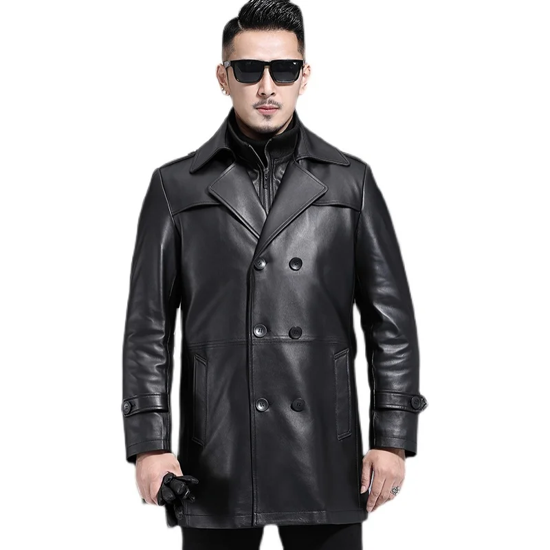 Men Genuine Leather Double Collar Jacket Male Cowhide Overcoat Autumn Winter Business Coat Trench Style Double Breasted Clothes