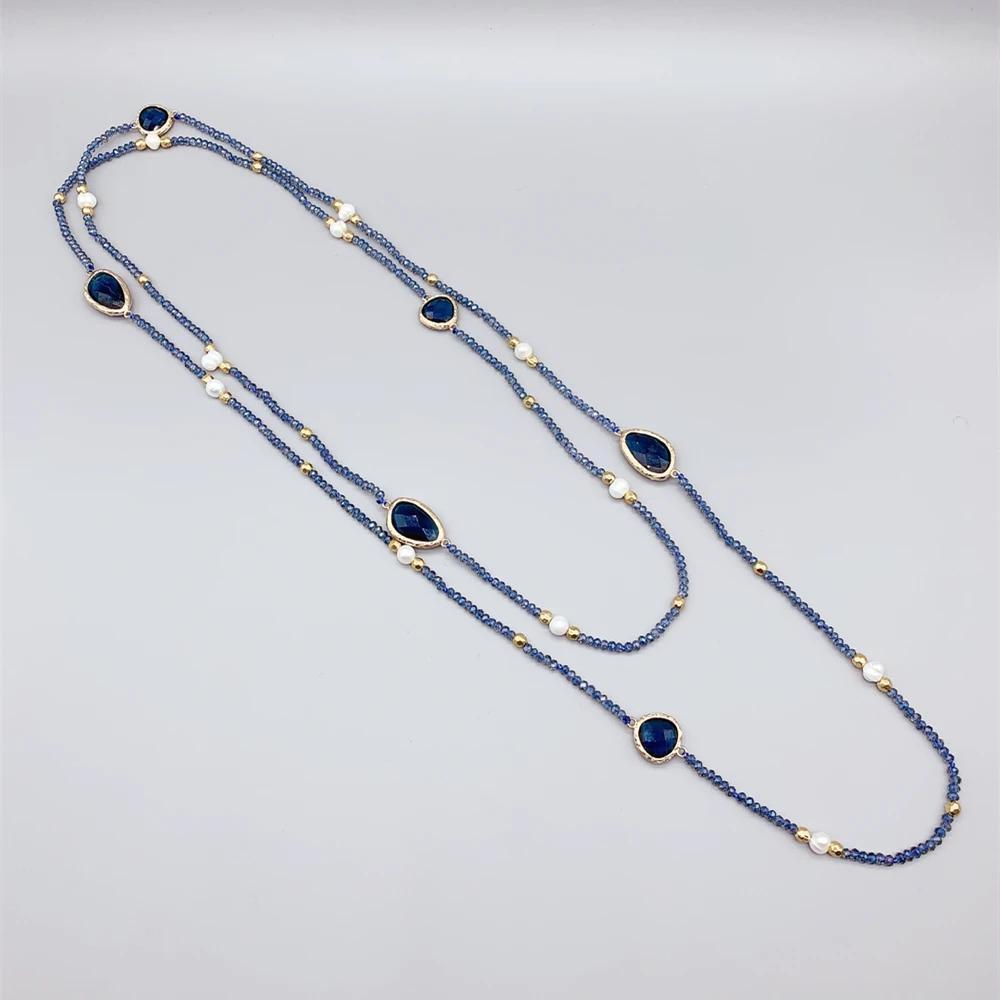 Irregular Blue Quartz Long Necklace With 2mm Crystals 5-6mm White Freshwater Pearls Hammered Gold Beads For Women Girls 50 Inch