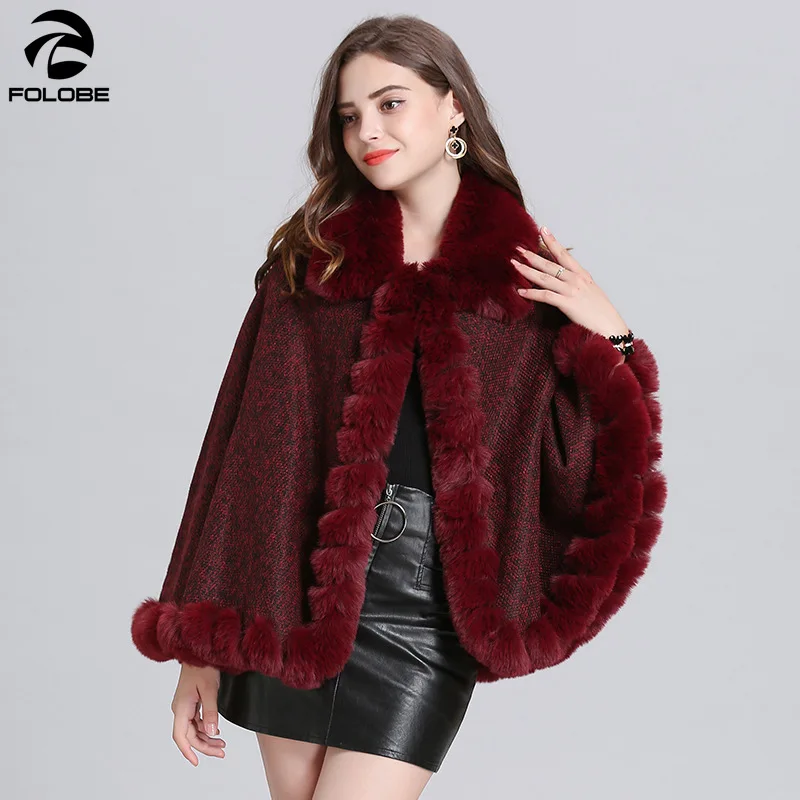 

FOLOBE Fashion Warm Woman Winter Coat Thick Knitted Shawl Female Casual Loose Capes Faux Fox Fur Neck Cardigan Short Cloak