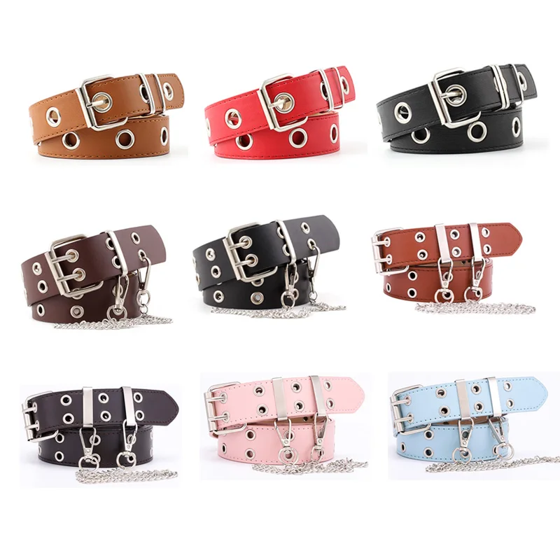 Cintura in pelle con catena Punk da donna regolabile doppia/singola fila foro fibbia ad ardiglione cinture in vita Jeans cintura decorativa