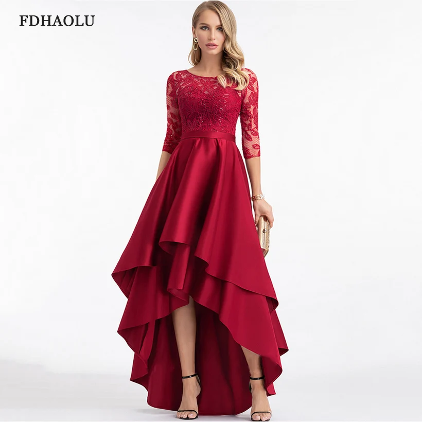 AE01 Burgundy Satin Prom Gaun Renda O-Neck Setengah Asimetris Tanpa Lengan Seksi Pesta Vestidos Largos