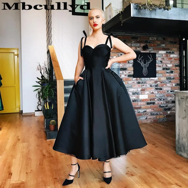 Mbcullyd Ankle Length Black Prom Dresses 2023 Spaghetti Straps Arabic Evening Party Gowns For Women abiti da cerimonia da sera