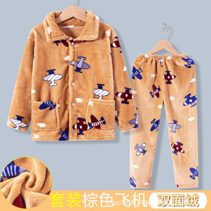 New Kids Boys Girls Autumn Winter Flannel Pajama Sets Cartoon Print Long Sleeve Lapel Tops with Pants Sleeping Clothing Sets