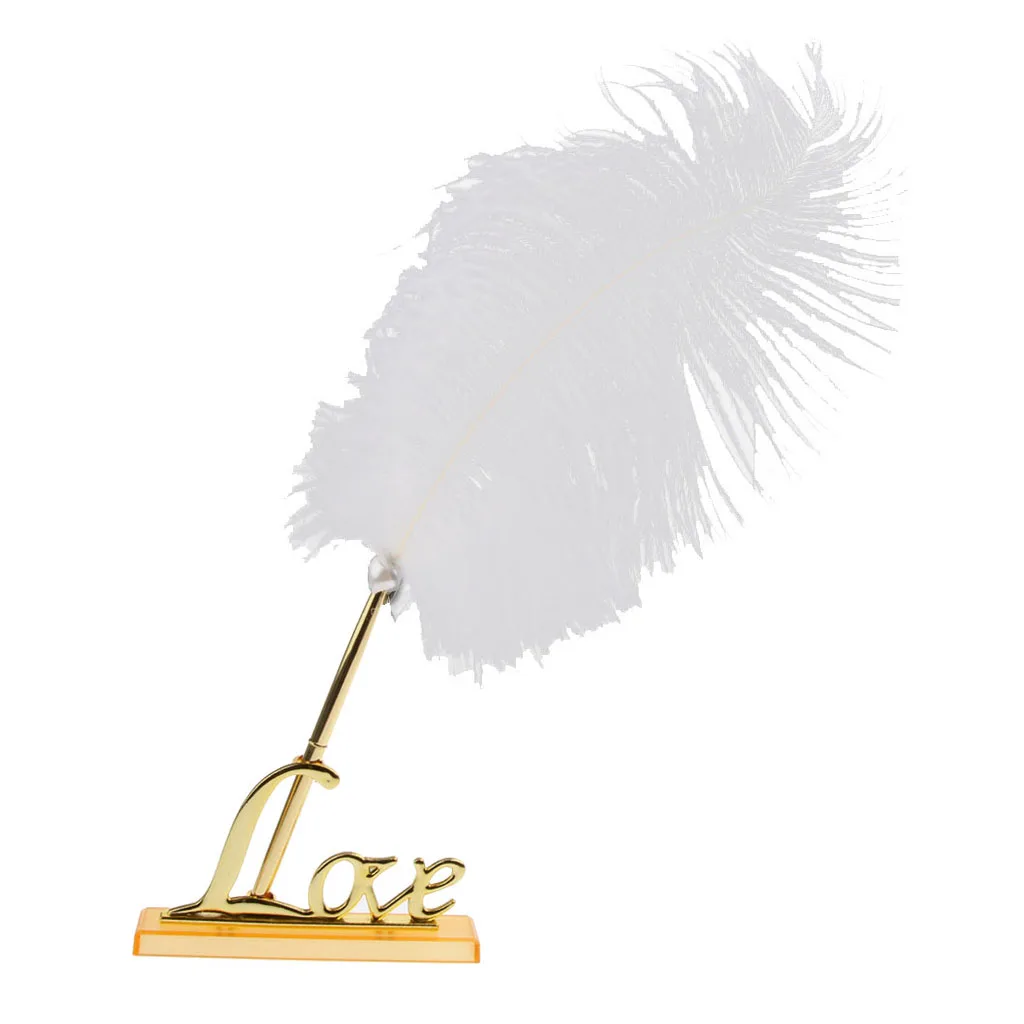 Wedding Signature Feather Signing Pen Gold Plated Love Metal Holder Set