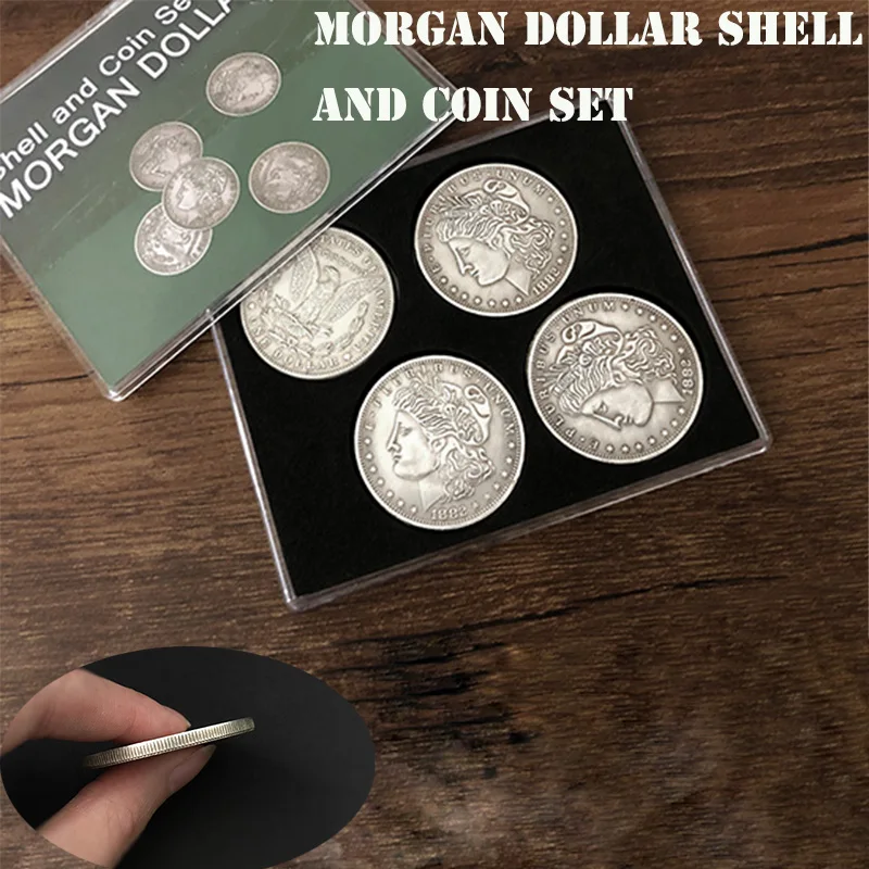 Juego de monedas y concha de dólar Morgan (5 monedas + 1 carcasa de cabeza + 1 carcasa de cola), trucos de Magia, ilusiones de primer plano,