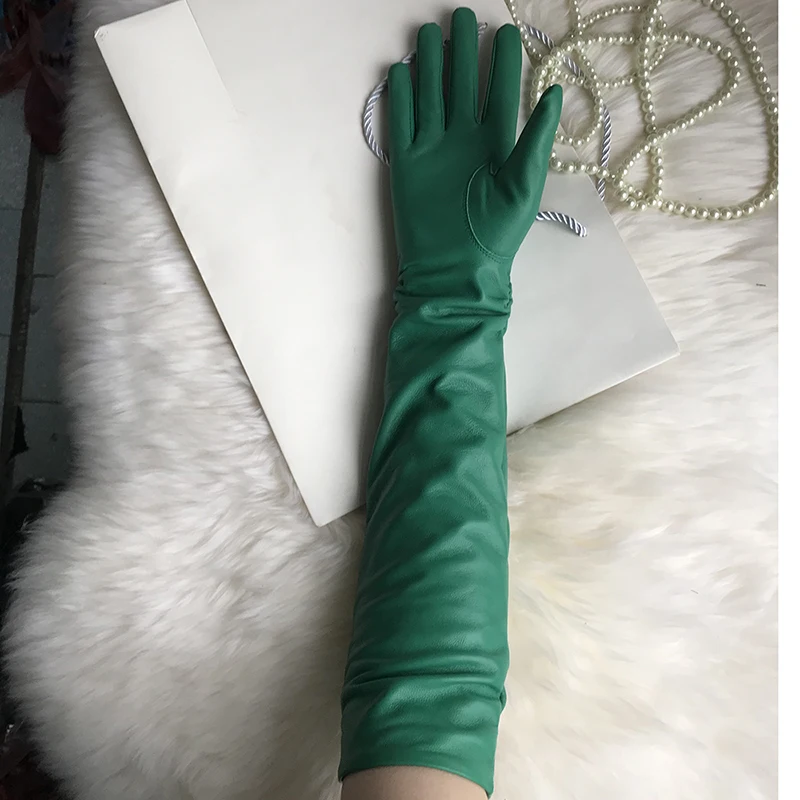 Female Long Genuine Leather Gloves,100% Sheepskin Women\'s Long Gloves,Green Winter Long Real Leather Gloves Cold protection