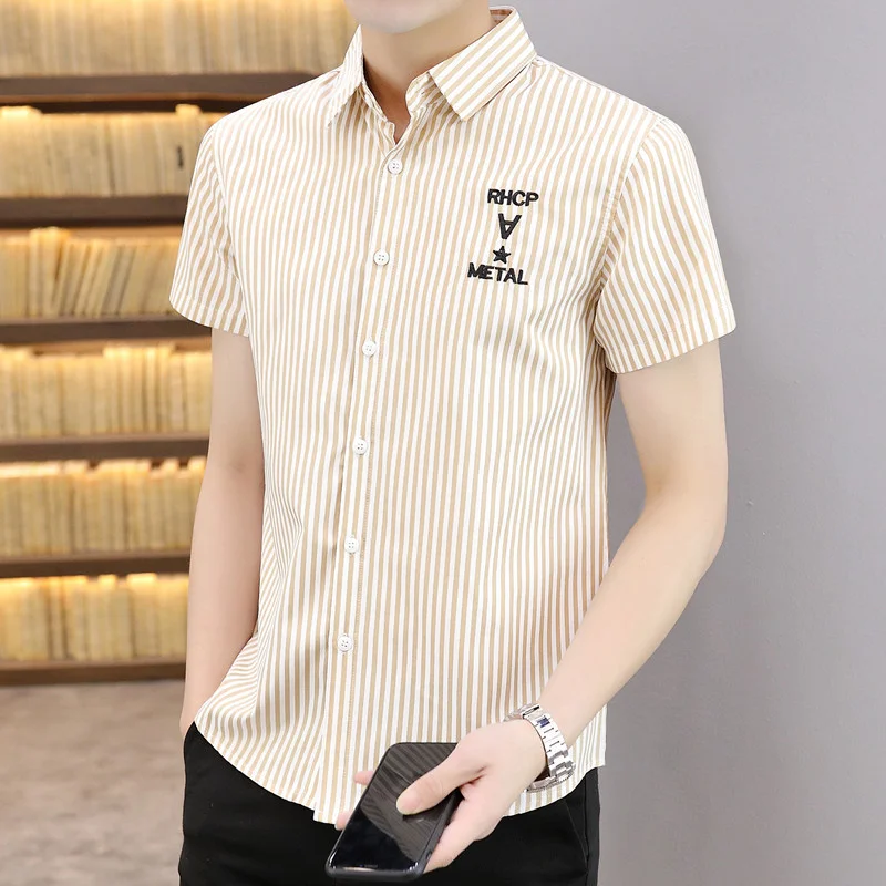 Shirt Men Casual Simplicity Small Fresh Trend Short Sleeved Buttons Letter Stripe Slim Breathes Korean Version All-match Loose