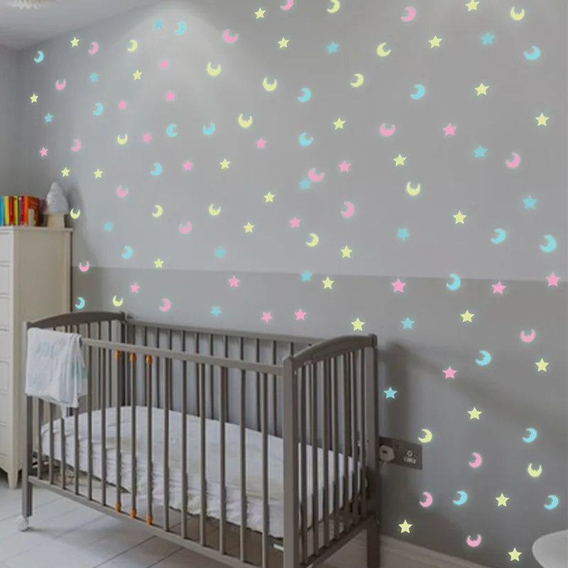 100Pcs Luminous Mixed Color Star Moon 3D Wall Sticker Kids Baby Rooms Living Room Glow In The Dark Home Decorations Stickers