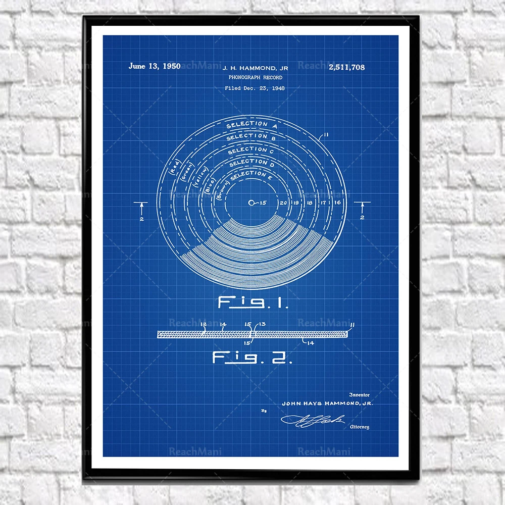 Original Gramophone Patent Poster - Large Retro Music Art Deco Design - Music Lover Gift Idea
