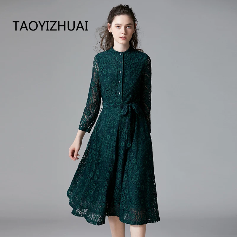 

TAOYIZHUAI autumn casual style dress for women o neck fit and flare high waist button wrist knee length plus size 14294