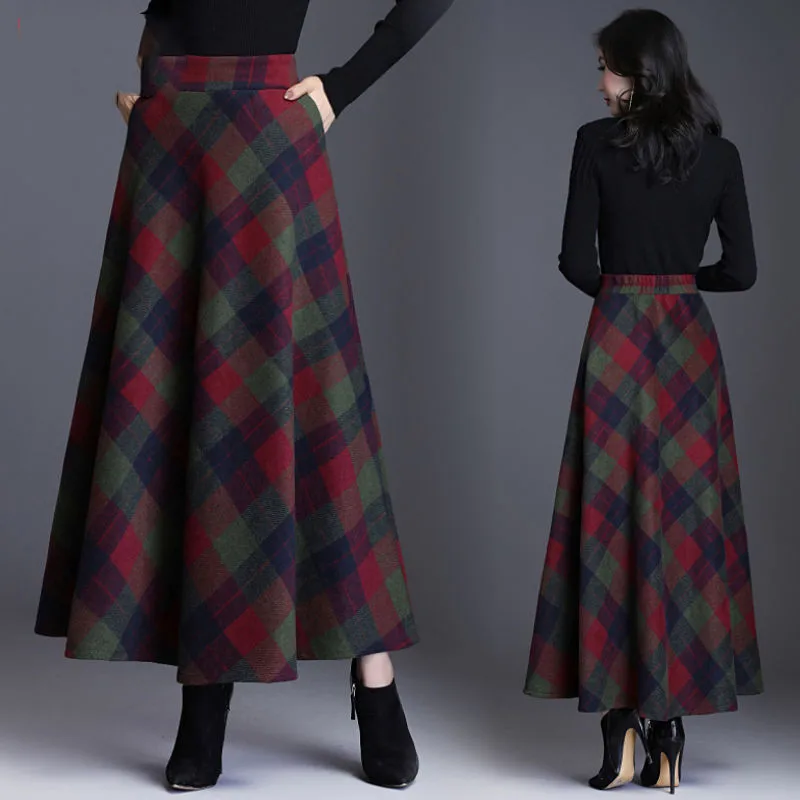 Plaid Tall Waist Long Skirts For Women Autumn Winter Elegant Korean Fashion Maxi Skirt Mom Plus Size 3xlcasual  Loose Wool Skirt