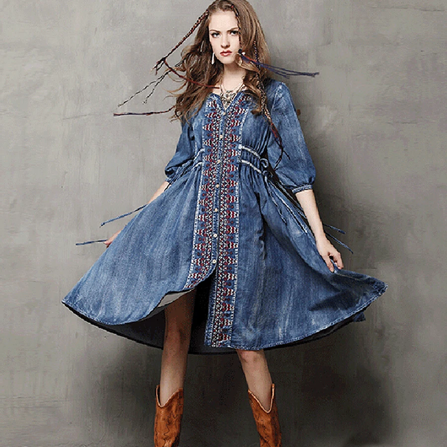 TEELYNN midi denim dresses for women dresses bule cotton ethnic Embroidery boho dress Drawstring waist Gypsy dresses vestidos