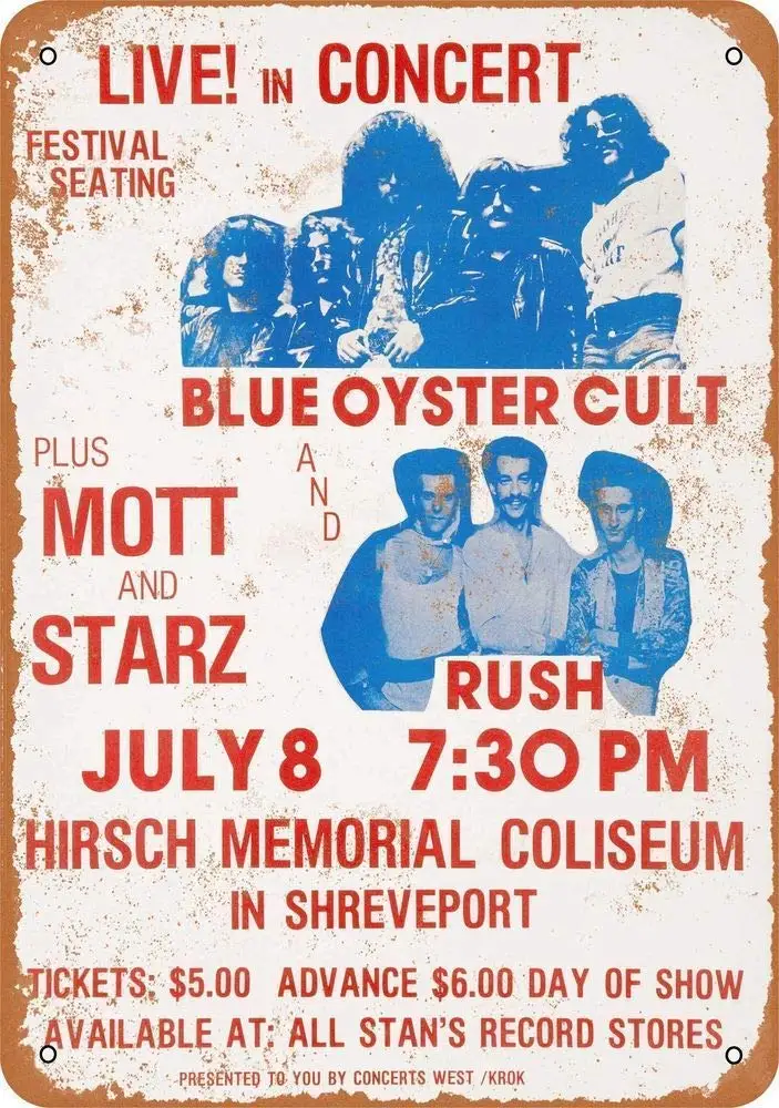 

Isaric Vintage Metal Signs - 1976 Blue Oyster Cult and Rush in Shveport - 8" X 12"