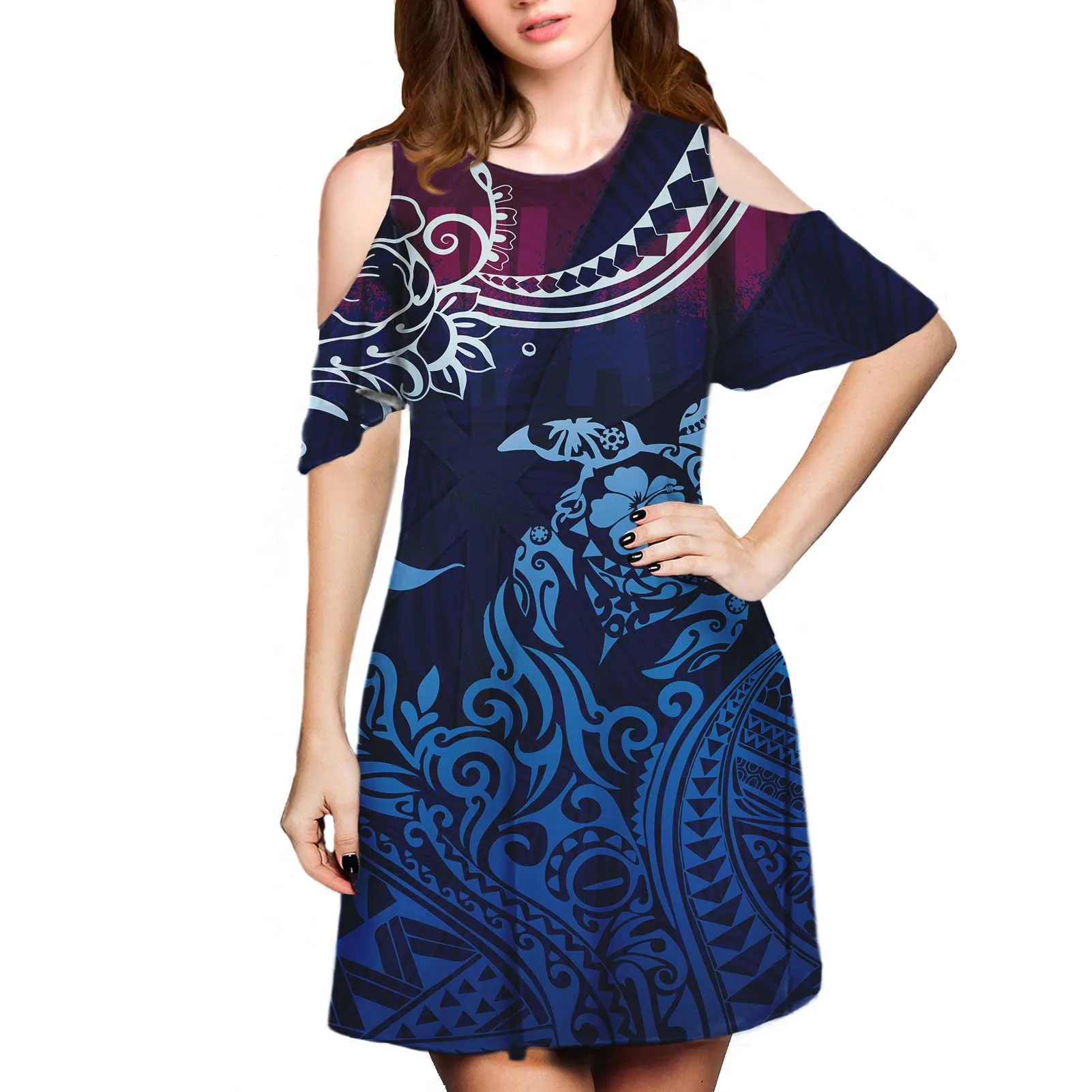 Hycool Polynesian Sea Turtle Design Summer Short Sleeve Ladies Fashionable Dress Wholesale Sexy One-Shoulder O-Neck Casual Dress