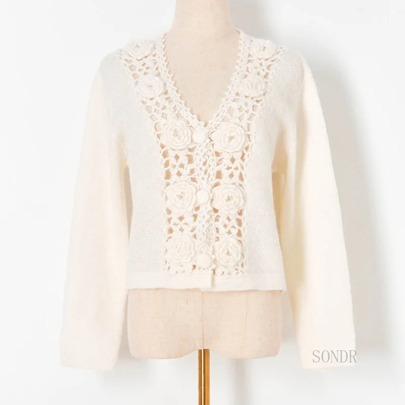 Wool Bend Crochet Hollow Out White Cardigan Women Short Sweater Jacket 2021 Hand Hook Floral Knitted Cardigan