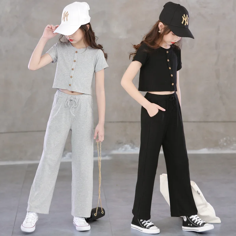 

Hot Sale 2024 Summer Clothing Set for Big Girls Korean Solid Color Skinny Sets Teenage Short Sleeve Tops Long Pants Sportwear