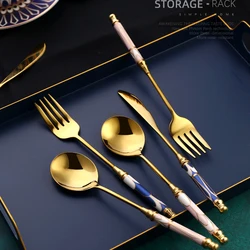 3Pcs/set Retro-style Ceramic Handle Dinnerware Sets 304 Stainless Steel Luxury Knife Fork Spoon Gold Flatware Cutlery Set