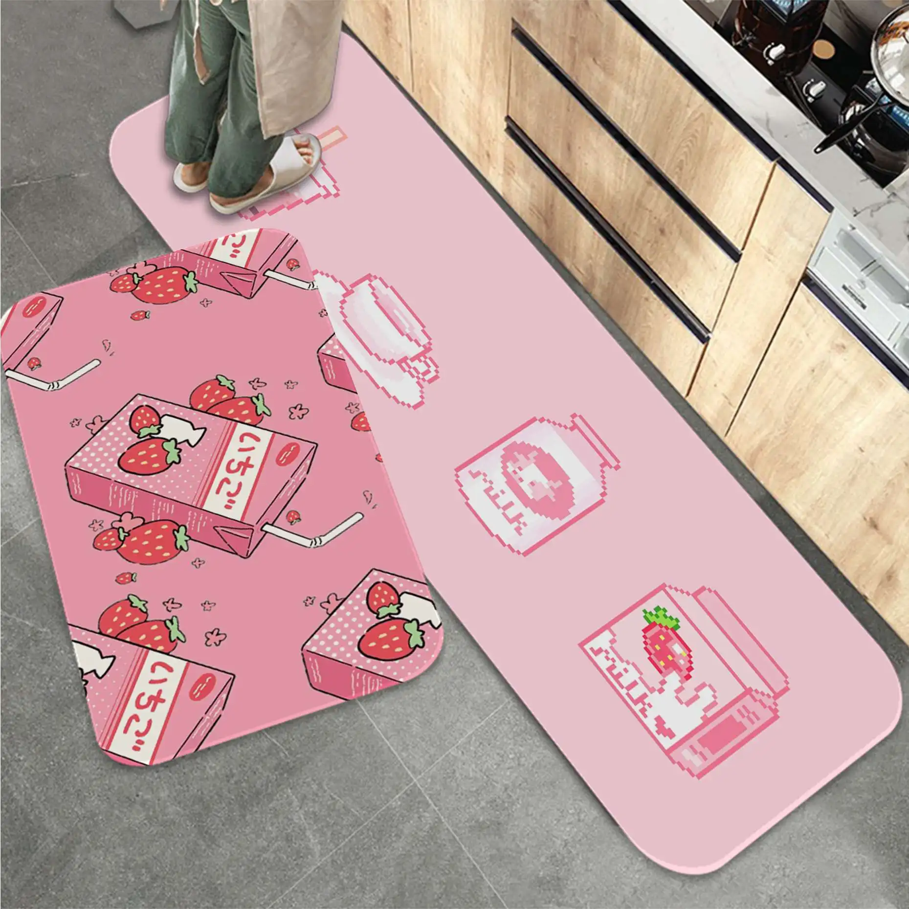 Japanese Strawberry Milk Mat Printed Flannel Floor Mat Bathroom Decor Carpet Non-Slip For Living Room Kitchen welcome Doormat